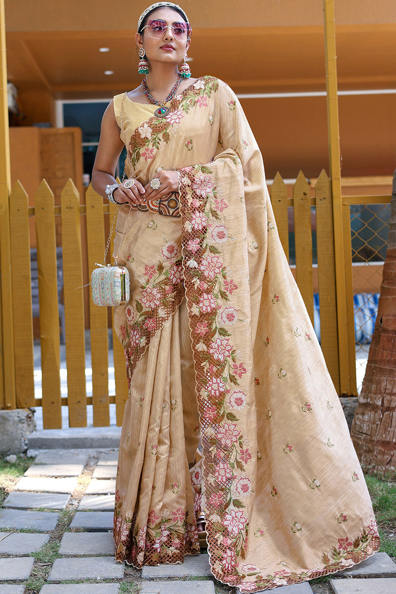 Fragrant Beige Embroidery Work Soft Silk Saree With Woebegone Blouse Piece