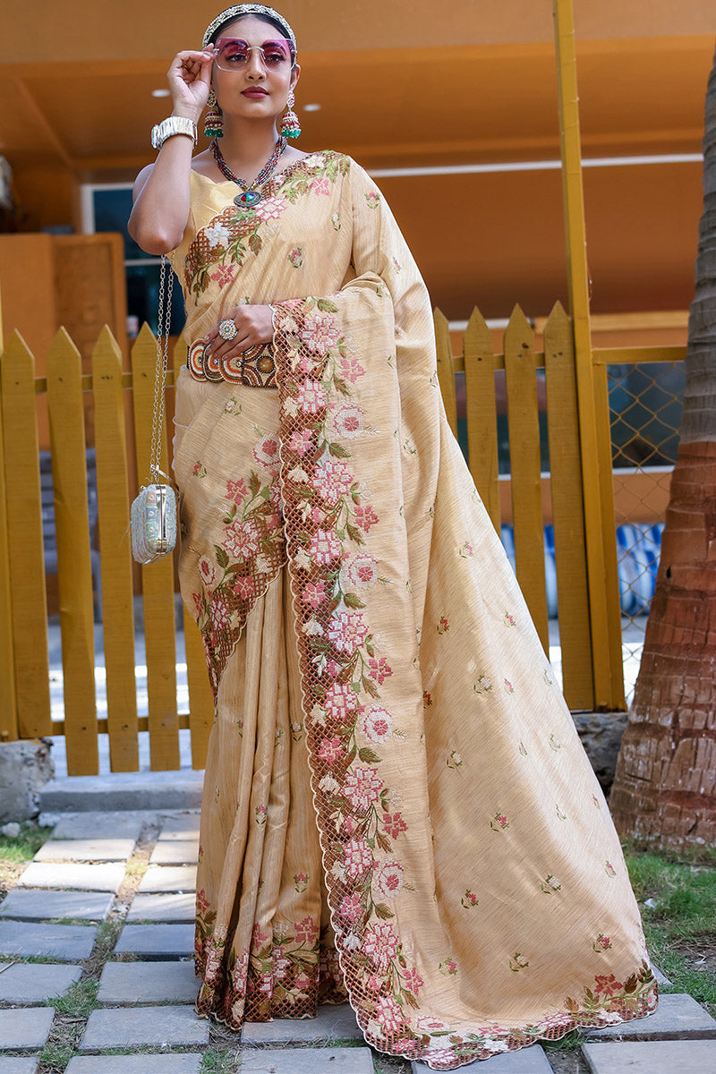 Fragrant Beige Embroidery Work Soft Silk Saree With Woebegone Blouse Piece