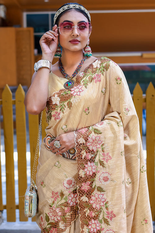 Load image into Gallery viewer, Fragrant Beige Embroidery Work Soft Silk Saree With Woebegone Blouse Piece
