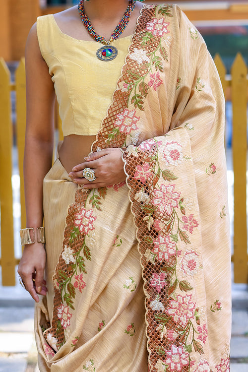 Load image into Gallery viewer, Fragrant Beige Embroidery Work Soft Silk Saree With Woebegone Blouse Piece
