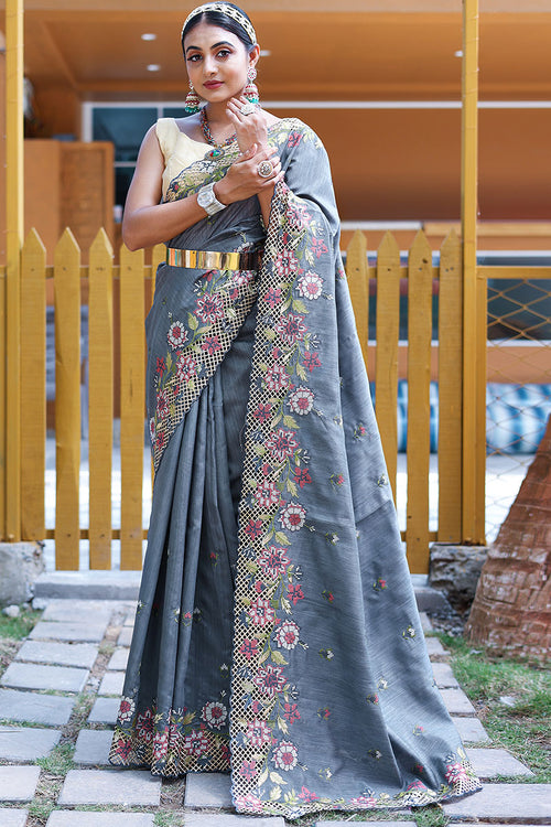 Load image into Gallery viewer, Propinquity Grey Embroidery Work Soft Silk Saree With Gossamer Blouse Piece
