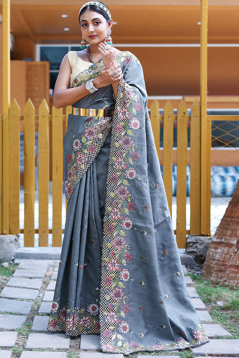 Propinquity Grey Embroidery Work Soft Silk Saree With Gossamer Blouse Piece