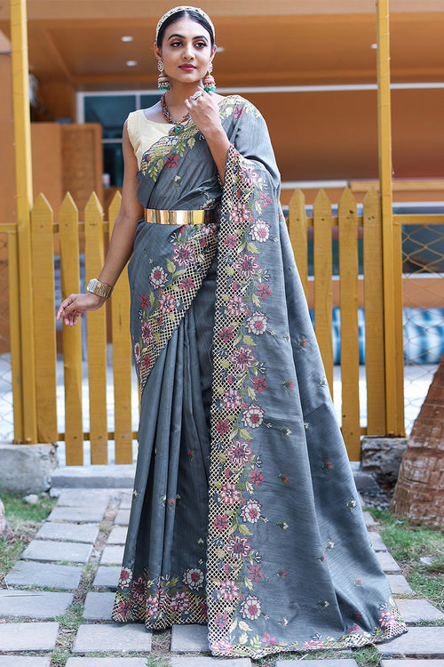 Load image into Gallery viewer, Propinquity Grey Embroidery Work Soft Silk Saree With Gossamer Blouse Piece
