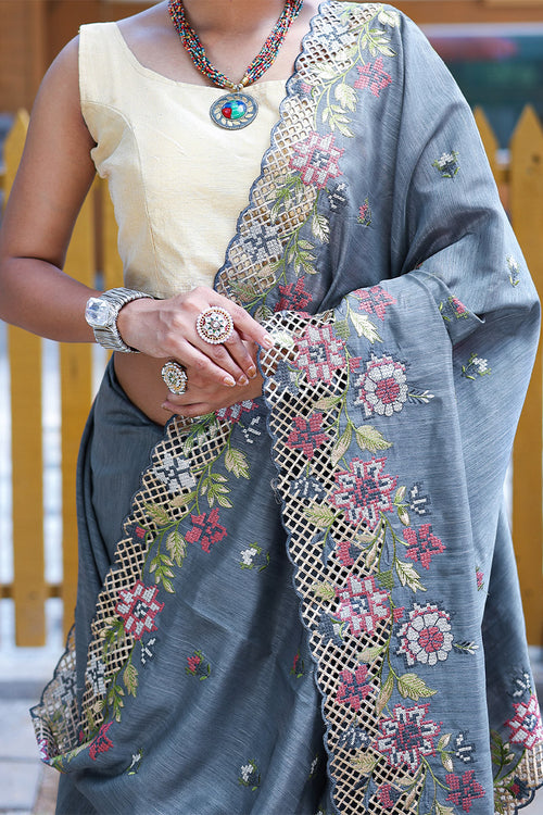 Load image into Gallery viewer, Propinquity Grey Embroidery Work Soft Silk Saree With Gossamer Blouse Piece
