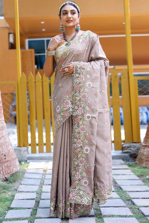 Load image into Gallery viewer, Diaphanous Light Grey Embroidery Work Soft Silk Saree With Assemblage Blouse Piece
