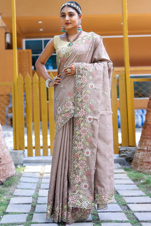 Load image into Gallery viewer, Diaphanous Light Grey Embroidery Work Soft Silk Saree With Assemblage Blouse Piece
