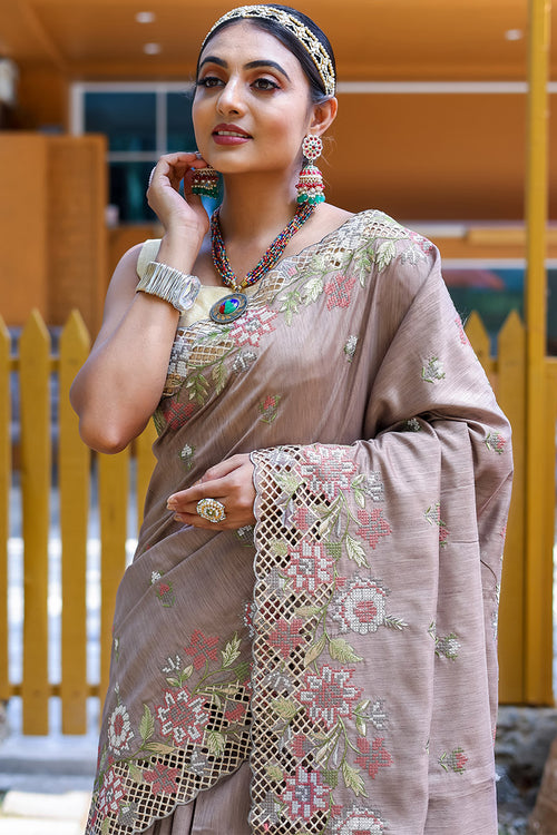 Load image into Gallery viewer, Diaphanous Light Grey Embroidery Work Soft Silk Saree With Assemblage Blouse Piece
