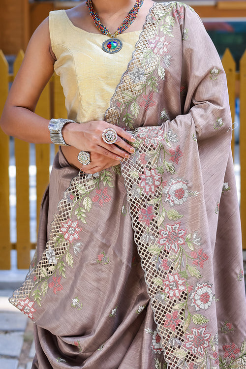 Load image into Gallery viewer, Diaphanous Light Grey Embroidery Work Soft Silk Saree With Assemblage Blouse Piece
