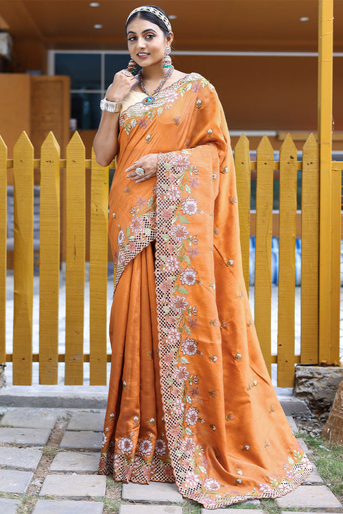 Load image into Gallery viewer, Traditional Orange Embroidery Work Soft Silk Saree With Inspiring Blouse Piece
