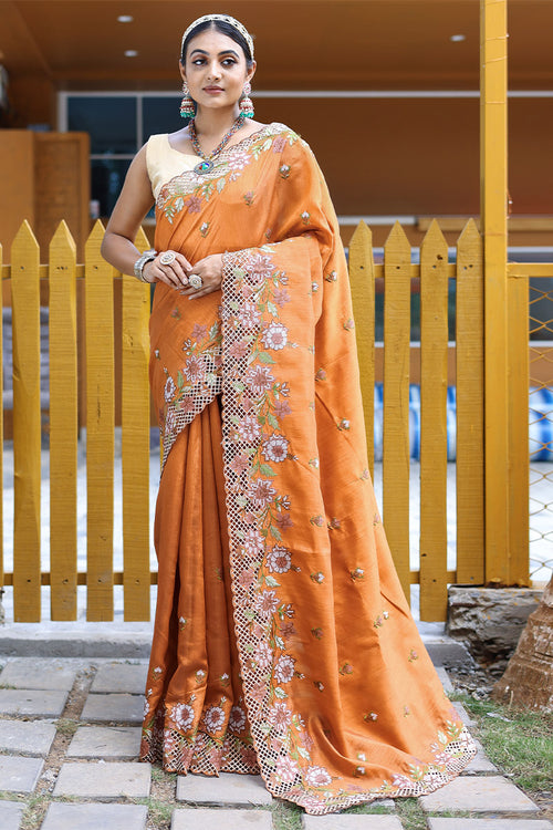 Load image into Gallery viewer, Traditional Orange Embroidery Work Soft Silk Saree With Inspiring Blouse Piece
