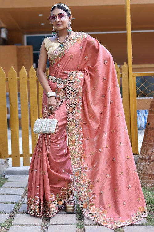 Load image into Gallery viewer, Mesmeric Peach Embroidery Work Soft Silk Saree With Adorable Blouse Piece
