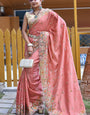 Mesmeric Peach Embroidery Work Soft Silk Saree With Adorable Blouse Piece