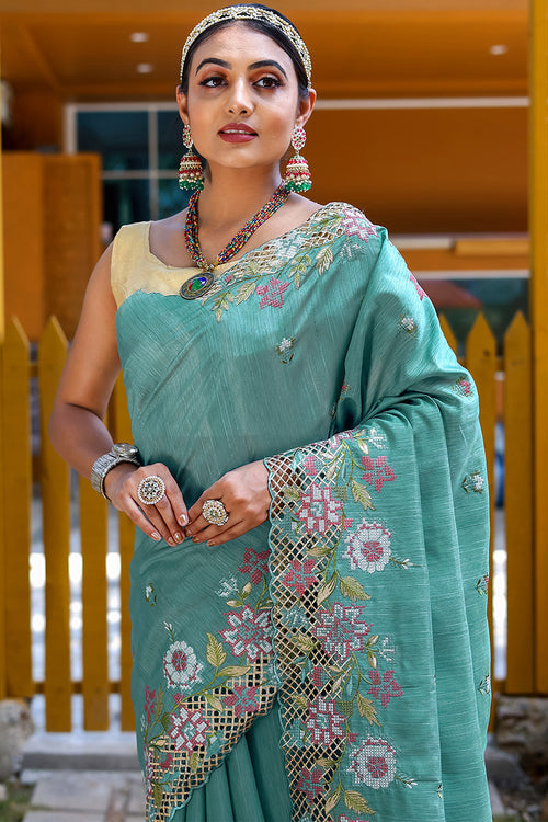 Load image into Gallery viewer, Designer Rama Embroidery Work Soft Silk Saree With Mesmerising Blouse Piece
