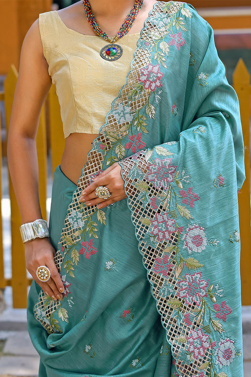 Load image into Gallery viewer, Designer Rama Embroidery Work Soft Silk Saree With Mesmerising Blouse Piece
