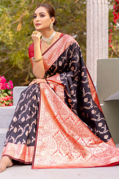 Desirable Black Soft Banarasi Silk Saree With Mesmeric Blouse Piece