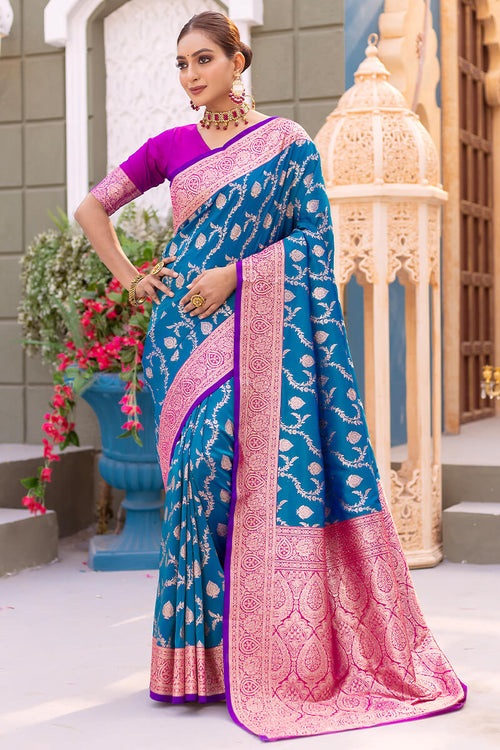 Load image into Gallery viewer, Adorable Blue Soft Banarasi Silk Saree With Girlish Blouse Piece
