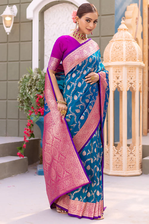 Load image into Gallery viewer, Adorable Blue Soft Banarasi Silk Saree With Girlish Blouse Piece
