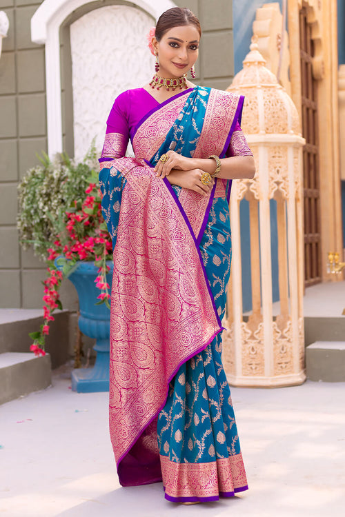 Load image into Gallery viewer, Adorable Blue Soft Banarasi Silk Saree With Girlish Blouse Piece
