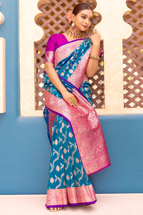 Load image into Gallery viewer, Adorable Blue Soft Banarasi Silk Saree With Girlish Blouse Piece
