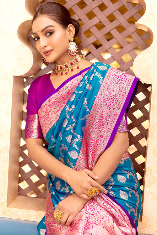 Load image into Gallery viewer, Adorable Blue Soft Banarasi Silk Saree With Girlish Blouse Piece
