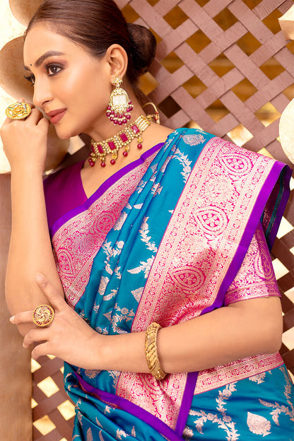Adorable Blue Soft Banarasi Silk Saree With Girlish Blouse Piece