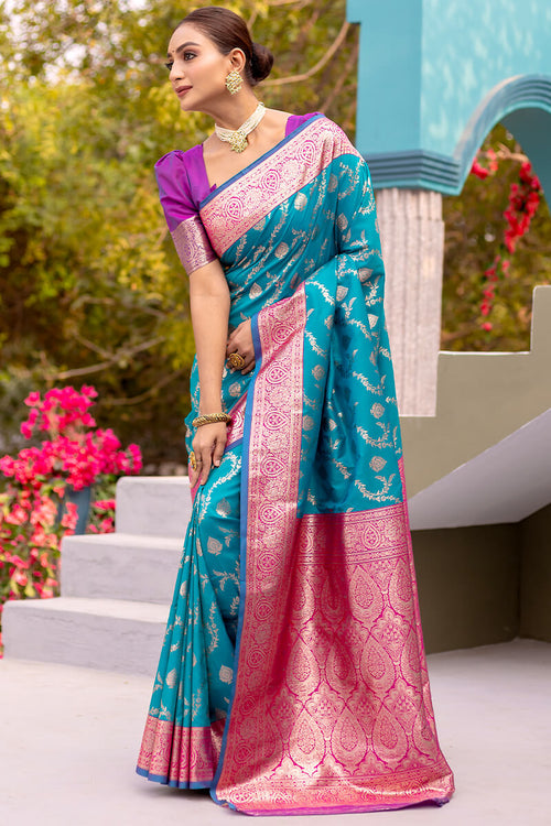 Load image into Gallery viewer, Unique Firozi Soft Banarasi Silk Saree With Energetic Blouse Piece
