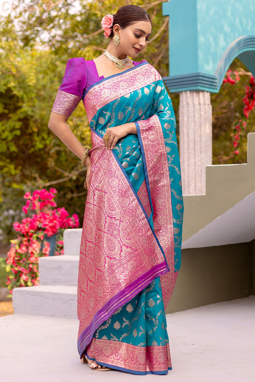 Load image into Gallery viewer, Unique Firozi Soft Banarasi Silk Saree With Energetic Blouse Piece
