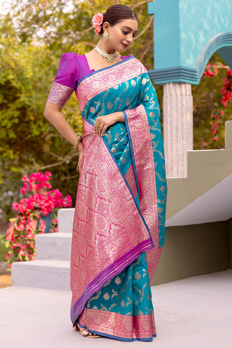 Unique Firozi Soft Banarasi Silk Saree With Energetic Blouse Piece