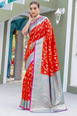 Invaluable Red Soft Banarasi Silk Saree With Demanding Blouse Piece