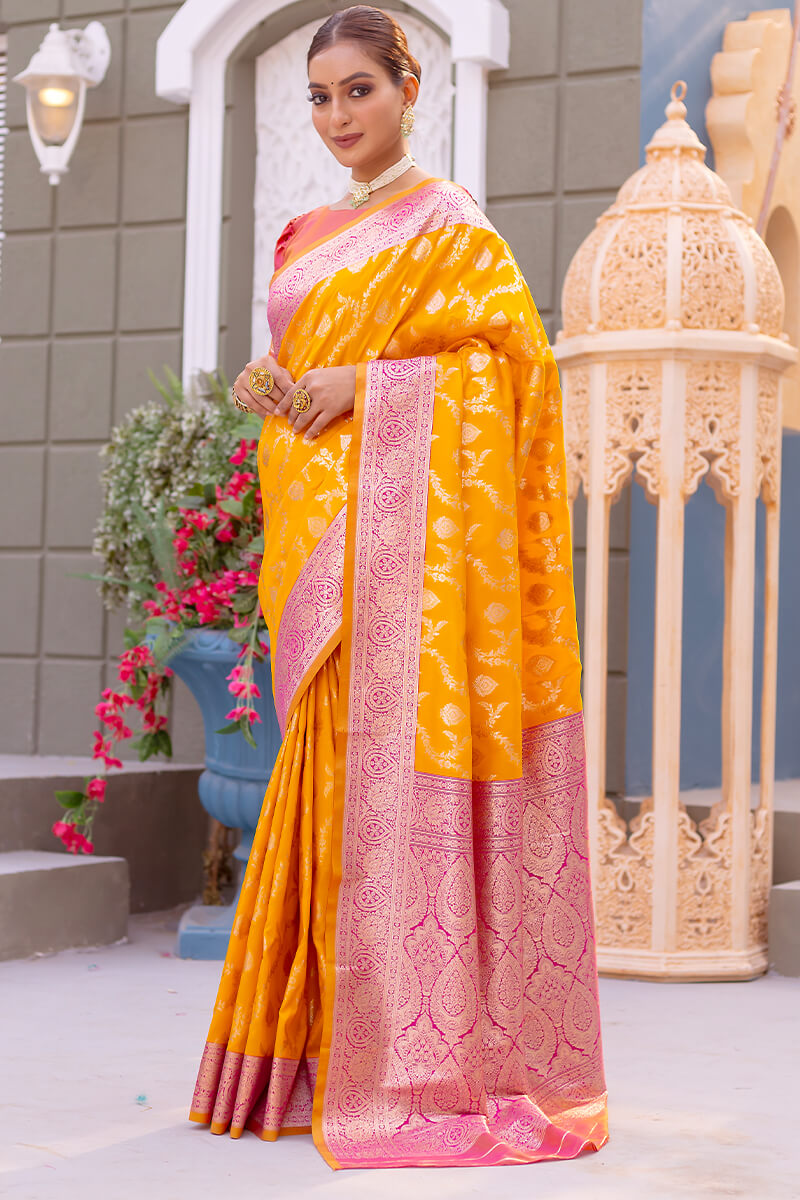 Radiant Yellow Soft Banarasi Silk Saree With Delightful Blouse Piece