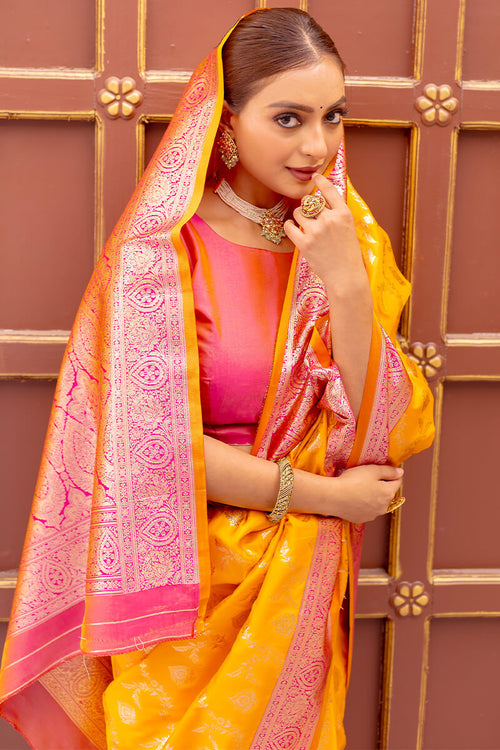 Load image into Gallery viewer, Radiant Yellow Soft Banarasi Silk Saree With Delightful Blouse Piece
