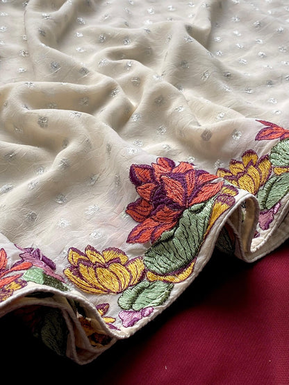 Efflorescence Off White Embroidery Work Georgette Saree With Bewitching Blouse Piece