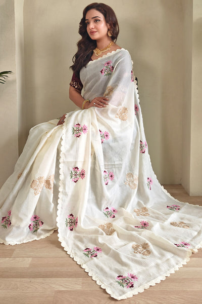 Snappy Beige Embroidery Work Kota Doria Saree With Ethnic Blouse Piece