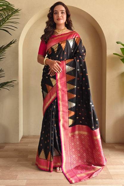 Precious Black Soft Banarasi Silk Saree With Elegant Blouse Piece