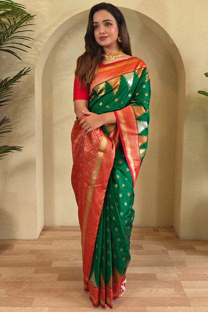 Precious Green Soft Banarasi Silk Saree With Elegant Blouse Piece