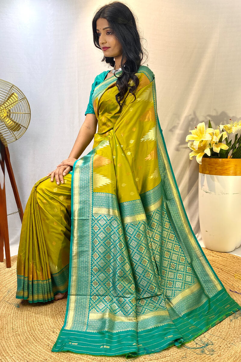 Precious Mehndi Soft Banarasi Silk Saree With Elegant Blouse Piece