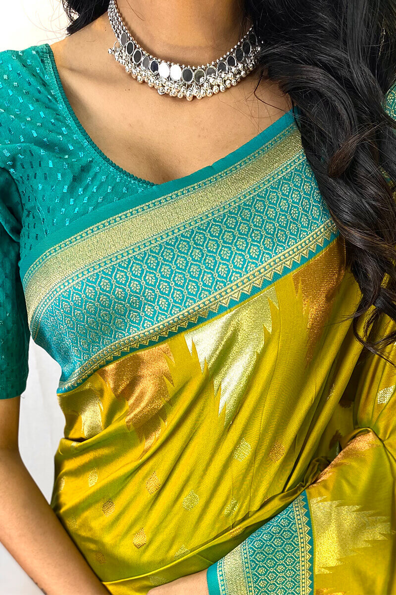 Precious Mehndi Soft Banarasi Silk Saree With Elegant Blouse Piece