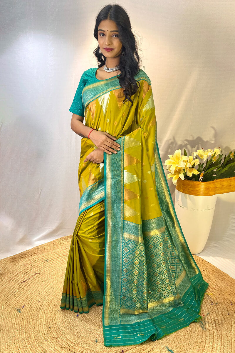 Precious Mehndi Soft Banarasi Silk Saree With Elegant Blouse Piece