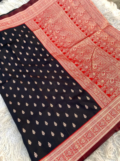 Magnetic Black Soft Banarasi Satin Silk Saree With Serendipity Blouse