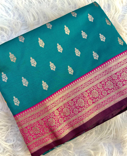 Unique Rama Soft Banarasi Satin Silk Saree With Gratifying Blouse
