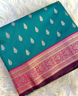 Unique Rama Soft Banarasi Satin Silk Saree With Gratifying Blouse