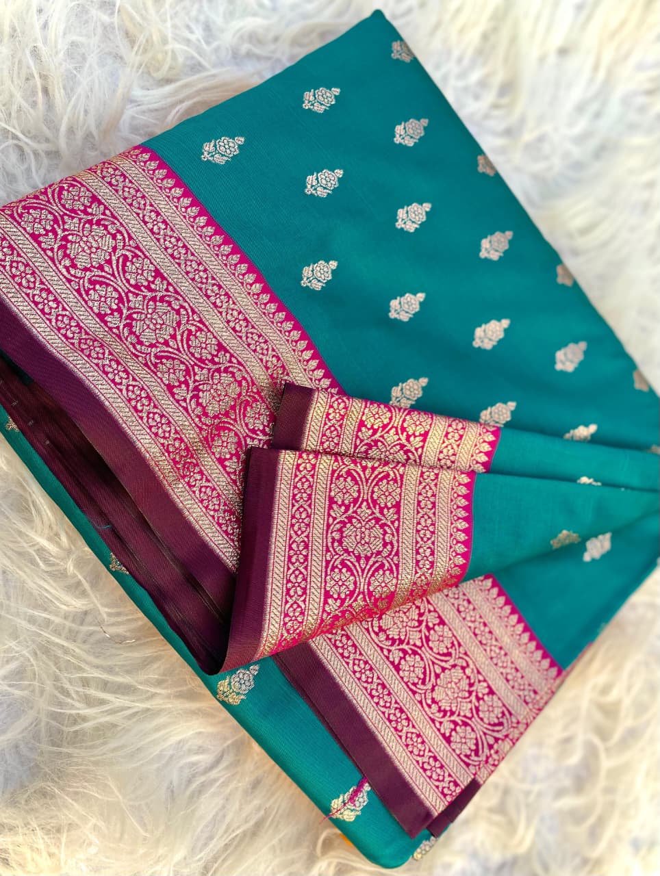 Unique Rama Soft Banarasi Satin Silk Saree With Gratifying Blouse