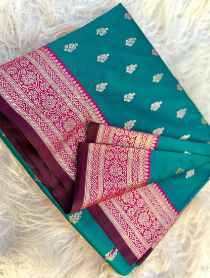 Unique Rama Soft Banarasi Satin Silk Saree With Gratifying Blouse