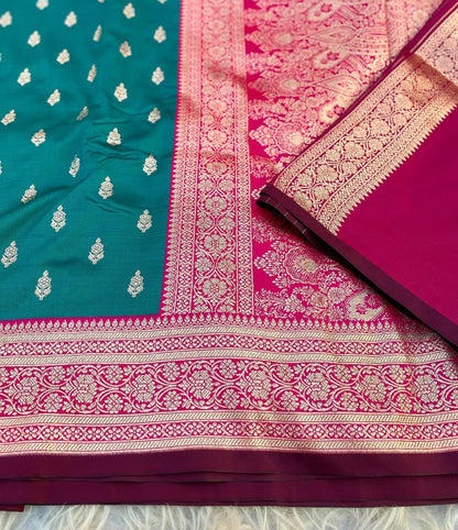 Unique Rama Soft Banarasi Satin Silk Saree With Gratifying Blouse