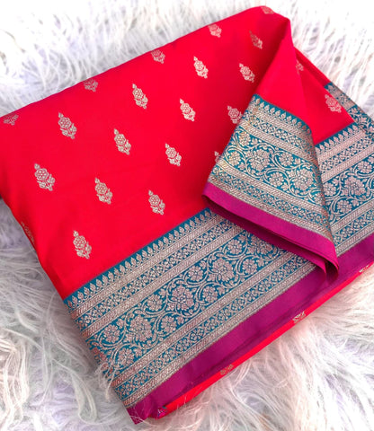 Stunning Red Soft Banarasi Satin Silk Saree With Majestic Blouse