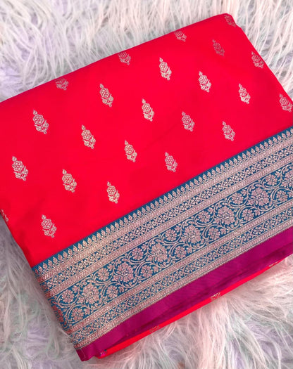 Stunning Red Soft Banarasi Satin Silk Saree With Majestic Blouse