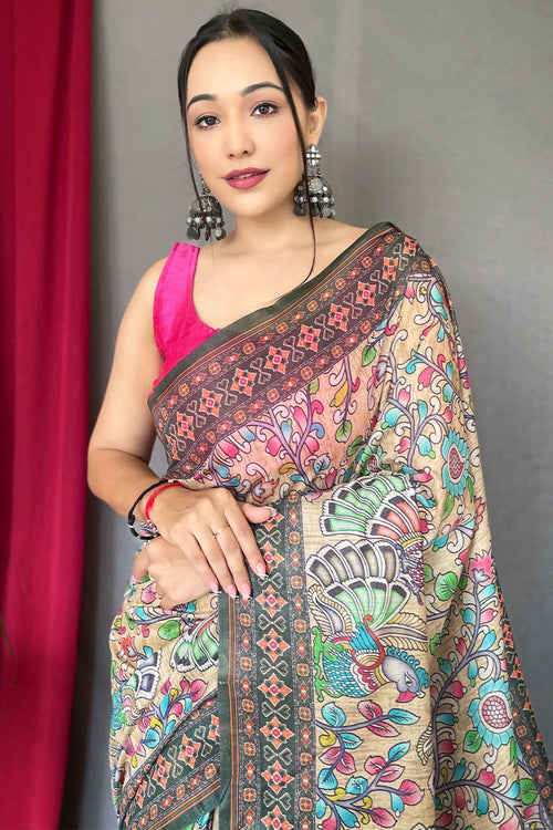 Load image into Gallery viewer, Stylish Beige Kalamkari Printed Saree With Smart Blouse Piece
