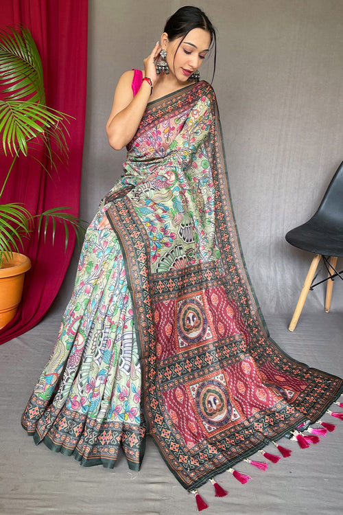 Load image into Gallery viewer, Extraordinary Pista Kalamkari Printed Saree With Flattering Blouse Piece
