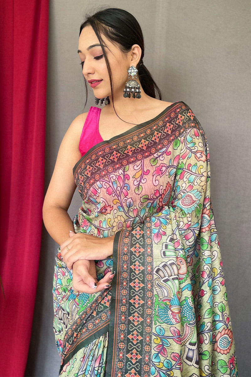 Extraordinary Pista Kalamkari Printed Saree With Flattering Blouse Piece