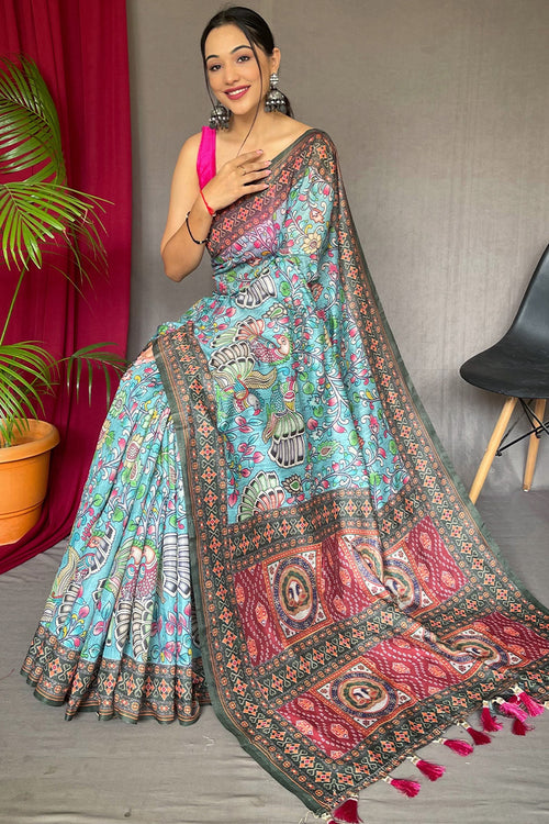 Load image into Gallery viewer, Innovative Sky Kalamkari Printed Saree With Preferable Blouse Piece
